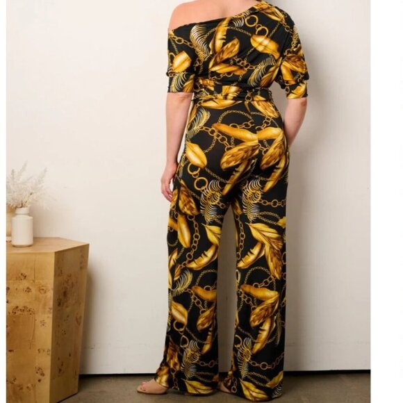 JANETTE PLUS SIZE off Shoulder Multi Print Wide Leg Jumpsuit NWT 1X, 2X, 3X - Picture 3 of 9
